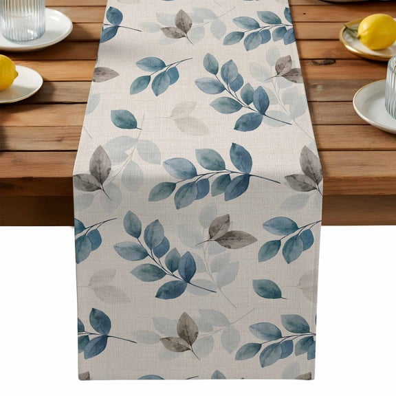 Blue Botanical Fall Cotton Linen Table Runner for Dining Kitchen, Pastoral Maple Leaf Autumn Rustic Wedding Outdoor Party Tablerunners Decoration, Dresser Scarf Coffee Tablecloth Runners 13x36 Inches