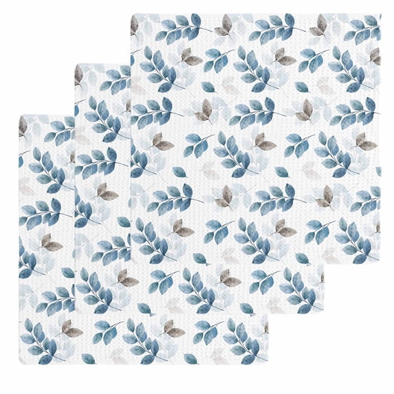Blue Botanical Fall Dish Towels Set, Waffle Weave Kitchen Towels 3 Pieces, Pastoral Maple Leaf Autumn Microfiber Hair Face Bath Tea Towel Absorbent Quick Drying Cleaning Dish Cloths, 12"x12"