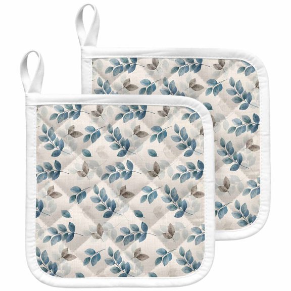 Blue Botanical Fall Pot Holders for Kitchen Heatproof Potholder, 2 Pack Pastoral Maple Leaf Autumn Rustic Hot Pads Multipurpose Oven Pads Cloth Potholders Trivet for Cooking and Baking