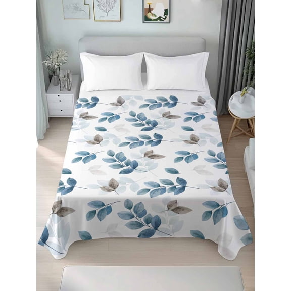 Blue Botanical Fall Queen Size Flat Sheet, Wrinkleproof & Fadeproof Cooling Flat Bed Sheet Only, Pastoral Maple Leaf Autumn Breathable Soft Bedding Top Sheets 90 x 102 Inches