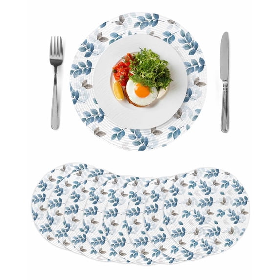 Blue Botanical Fall Round 15 Inch Placemats Set of 8, Pastoral Maple Leaf Autumn HeatResistant Non Slip Place Mats for Dining Table, Wipeable Braided Kitchen Table Mats for Housewarming