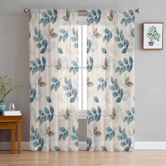 Blue Botanical Fall Sheer Curtains 63 Inches Length 2 Panels Set, Window Sheer Curtains for Living Room/Bedroom, Pastoral Maple Leaf Autumn Rustic Light Filtering Rod Pocket Curtain 52'' x 63'' x 2