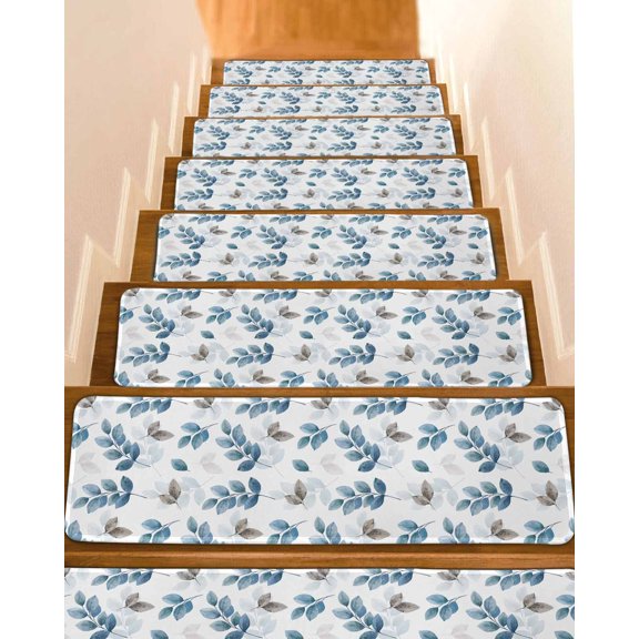 Blue Botanical Fall Stair Treads for Wooden Steps Indoor Runner Rug Carpet, Pastoral Maple Leaf Autumn 7 Pieces Peel and Stick Staircase Step Treads Covers Washable Throw Door Mats, 30"x8"