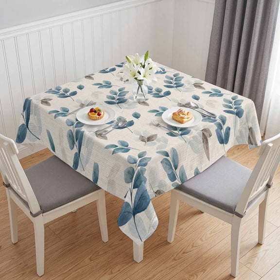 Blue Botanical Fall Table Cloth Waterproof Tablecloths, Pastoral Maple Leaf Autumn Rustic Tablecloth Dining Table Cover for Kitchen Party Tabletop Outdoor, Square Tablecloth 54x54 Inch