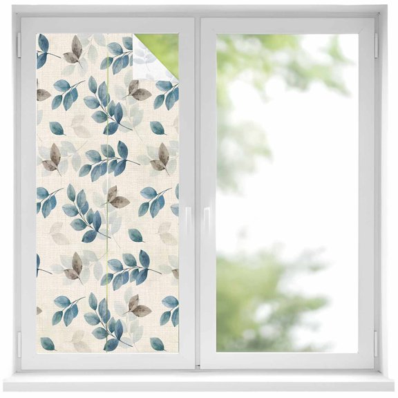 Blue Botanical Fall Window Privacy Film, Pastoral Maple Leaf Autumn Rustic Static Cling UV Sun Blocking Heat Control Window Tint, Non-Adhesive One Way Windows Privacy Cover 17.7''x39.3''