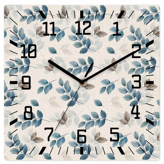 Blue Botanical Fall Wooden Wall Clock Silent Non Ticking, Pastoral Maple Leaf Autumn Rustic Square Wall Clocks Battery Operated, Decor Clock for Home Office, Living Room, Kitchen, 10 Inch