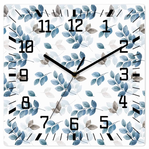 Blue Botanical Fall Wooden Wall Clock Silent Non Ticking, Pastoral Maple Leaf Autumn Square Wall Clocks Battery Operated, Decor Clock for Home Office, Living Room, Kitchen, 10 Inch