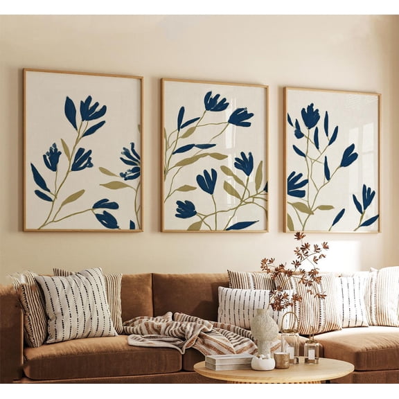 Blue Botanical Flower Painted Floral Fine Stems Leaves Set 3 Unframed Paper Print 16x24