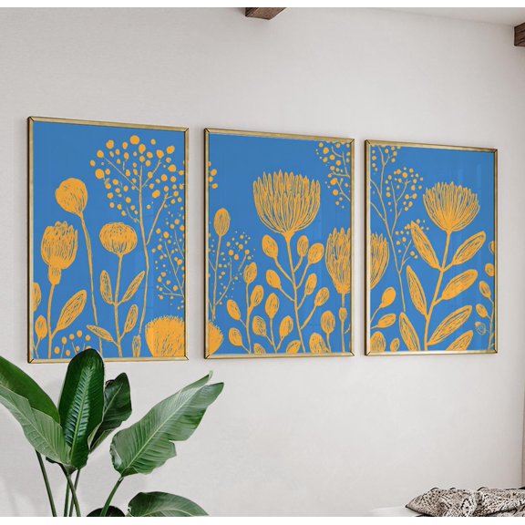 Blue Botanical Flower Poster Set Orange Floral Triptych Wall Art Prints Set 3