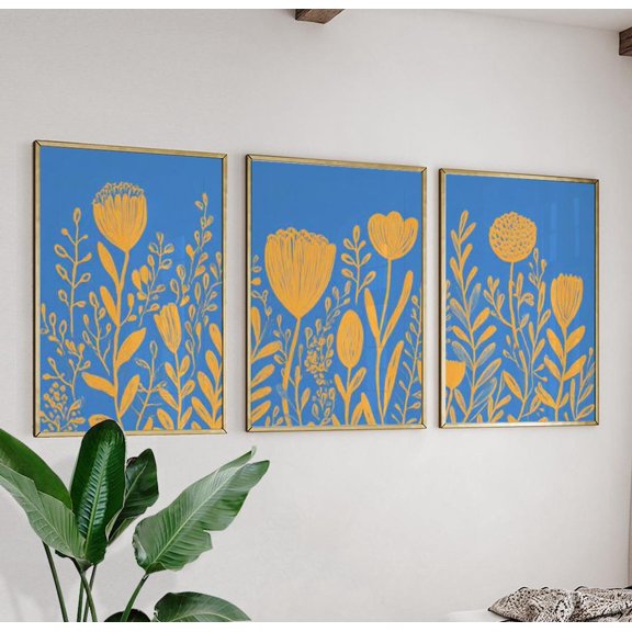 Blue Botanical Flower Triptych Wall Art Print With Orange Floral Decor