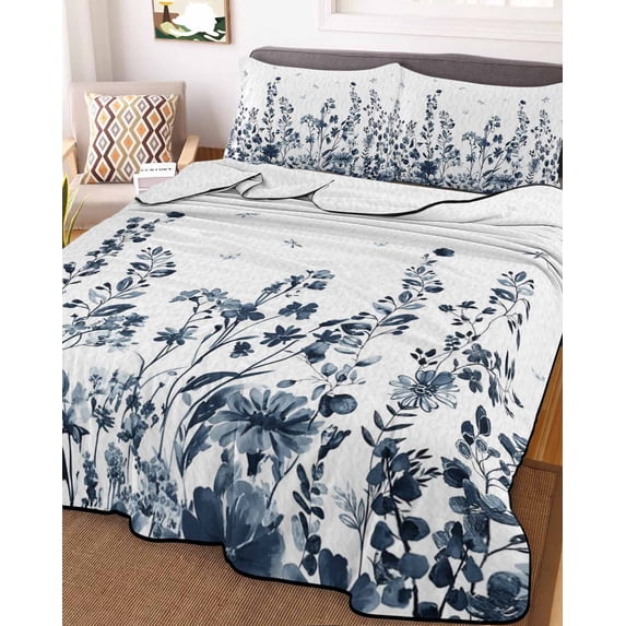 Blue Botanical Full Size Down Alternative Comforter, Lightweight Comforter Quilt Bedding Set with Pillow Shams Dragonfly Flower Leaf Retro Ink Style All Seasons Bed Comforter Duvet Insert 78"x90"