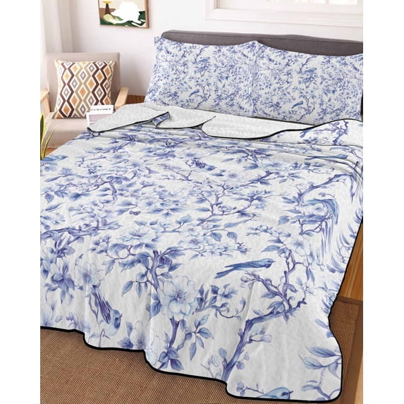 Blue Botanical Full Size Down Alternative Comforter, Lightweight Comforter Quilt Bedding Set with Pillow Shams Elegant Watercolor Botanical Birds All Seasons Bed Comforter Duvet Insert 78"x90"