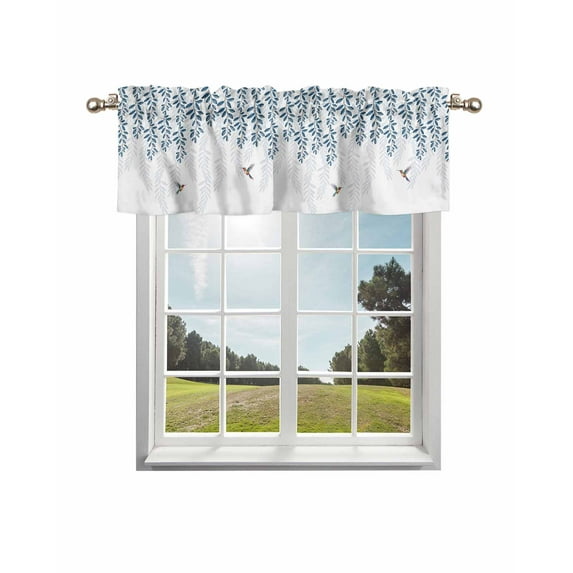 Blue Botanical Kitchen Curtain Valances for Windows Farmhouse Short Curtains, Pastoral Spring Floral Summer Birds Rod Pocket Valance Curtain for Bedroom Cafe Living Room 60"x18"