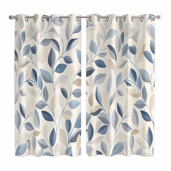 Blue Botanical Kitchen Curtains 63 Inch Length, Farmhouse Spring Summer Plant Grommet Top Bedroom Living Room Curtains, Light Filtering Cafe Curtain Drapes 2 Panels Set 84''x63''