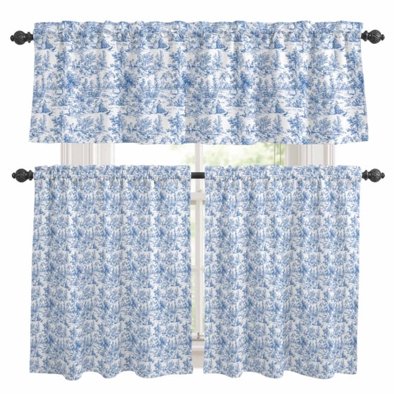 Blue Botanical Kitchen Curtains Sets for Windows 36 Inch Length, Watercolor Rustic Tree Abstract Rod Pocket Window Treatments Tier Curtains and Valances Set for Bedroom/Bathroom