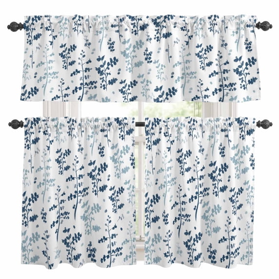 Blue Botanical Kitchen Curtains Sets for Windows 36 Inch Length, Watercolor Spring Floral Summer Leaf Rod Pocket Window Treatments Tier Curtains and Valances Set for Bedroom/Bathroom