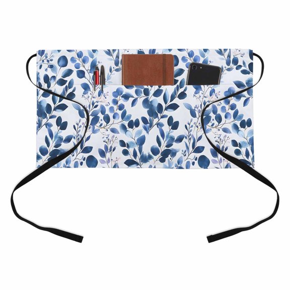 Blue Botanical Kitchen Restaurant Half Waist Apron, Spring Eucalyptus Leaf Greenery Farmhouse Server Short Apron with 3 Pockets Waterproof Oil Waist Aprons for Women Waitress Waiter