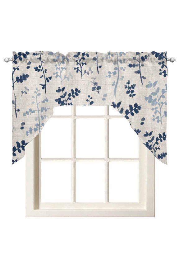 Blue Botanical Kitchen Swag Valance for Window, Rod Pocket Short Kitchen Curtains 36 Inch Length, Rustic Country Spring Floral Summer Leaf Swag Topper Small Window Treatment for Cafe Bedroom