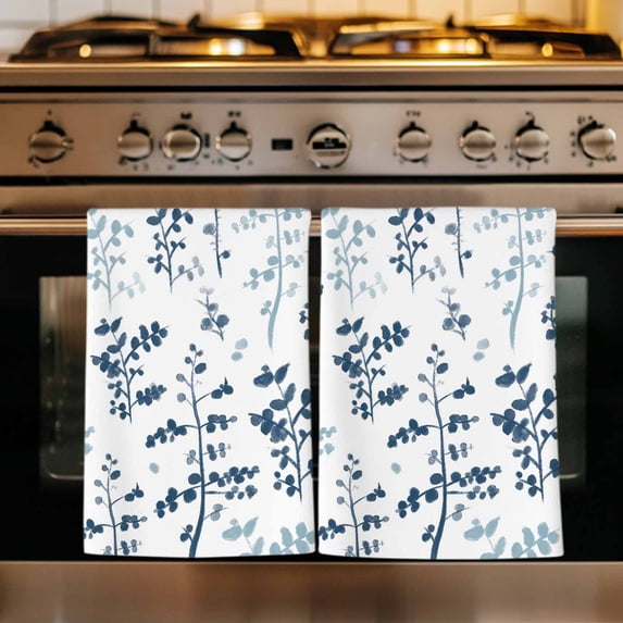 Blue Botanical Kitchen Towels Set of 1, Watercolor Spring Floral Summer Leaf Absorbent Dish Towels for Kitchen, Microfiber Hand Towel, Quick Drying Tea Towel for Cleaning Decorative Dishcloths