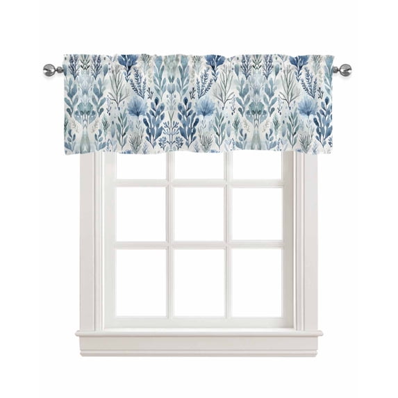 Blue Botanical Kitchen Valances for Windows Farmhouse Linen Window Valance Curtain for Living Room Window Treatment Spring Summer Leaf Pastoral Vintage Valance Rod Pocket Topper Drape, 54 x 18 Inch