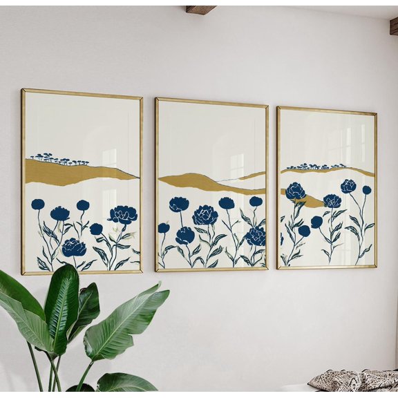 Blue Botanical Landscape Floral Nature Wall Art Triptych Set 3 Unframed Paper Print 8x12