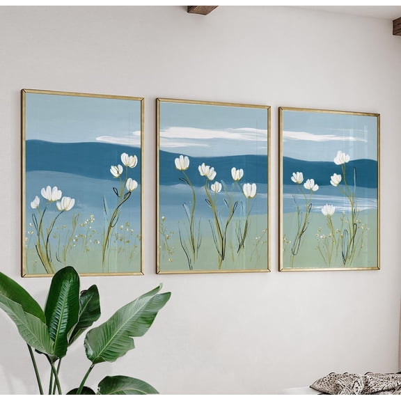 Blue Botanical Landscape Floral Nature Wall Art Triptych Version 2 Set 3 Unframed Paper Print 8x12