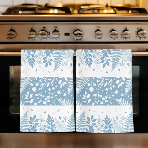 Blue Botanical Leaves Kitchen Towels Set of 3, Farmhouse Pastoral Floral Absorbent Dish Towels for Kitchen, Microfiber Hand Towel, Quick Drying Tea Towel for Cleaning Decorative Dishcloths