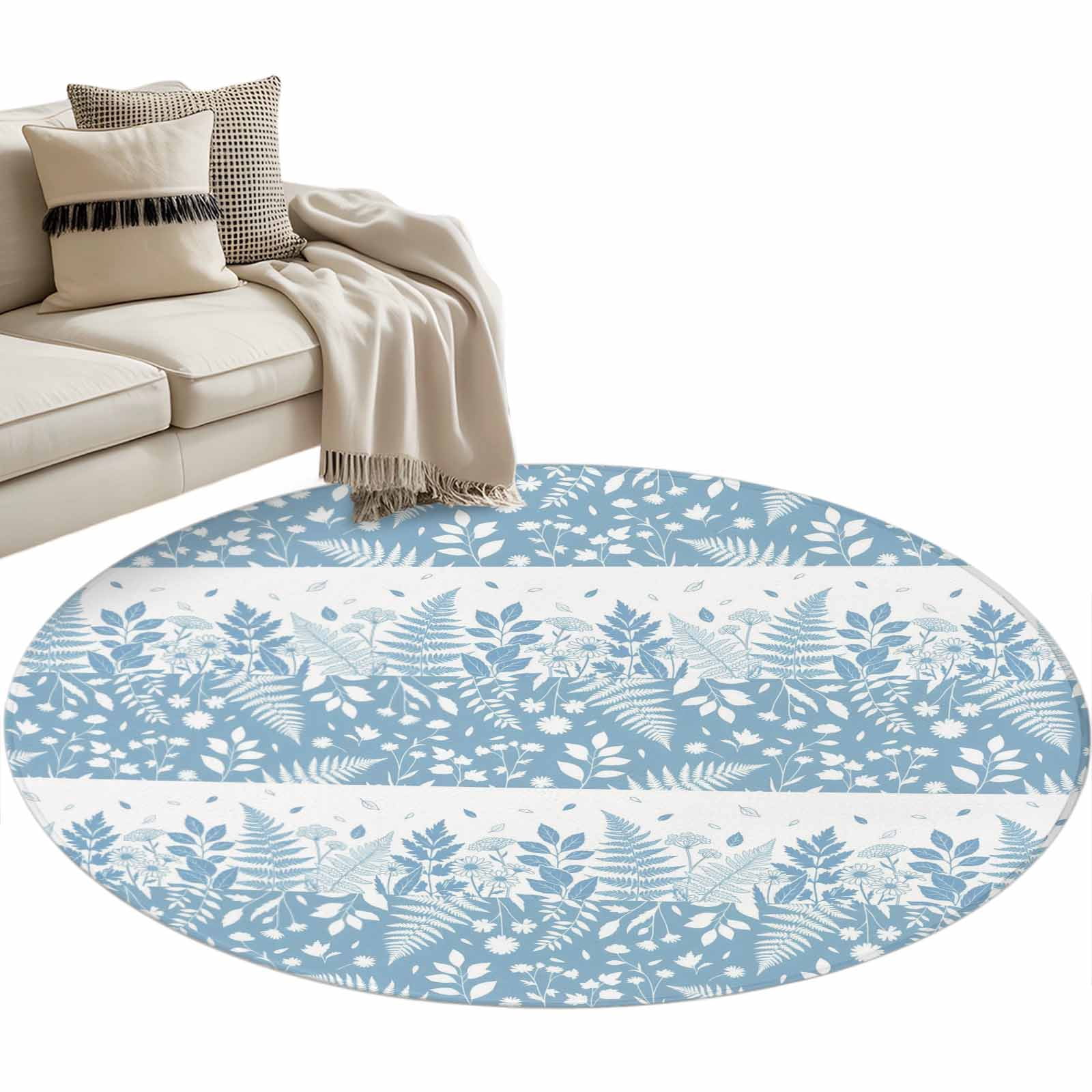 Blue Botanical Leaves Round Rug 3ft Washable Circle Entryway Rugs Non ...
