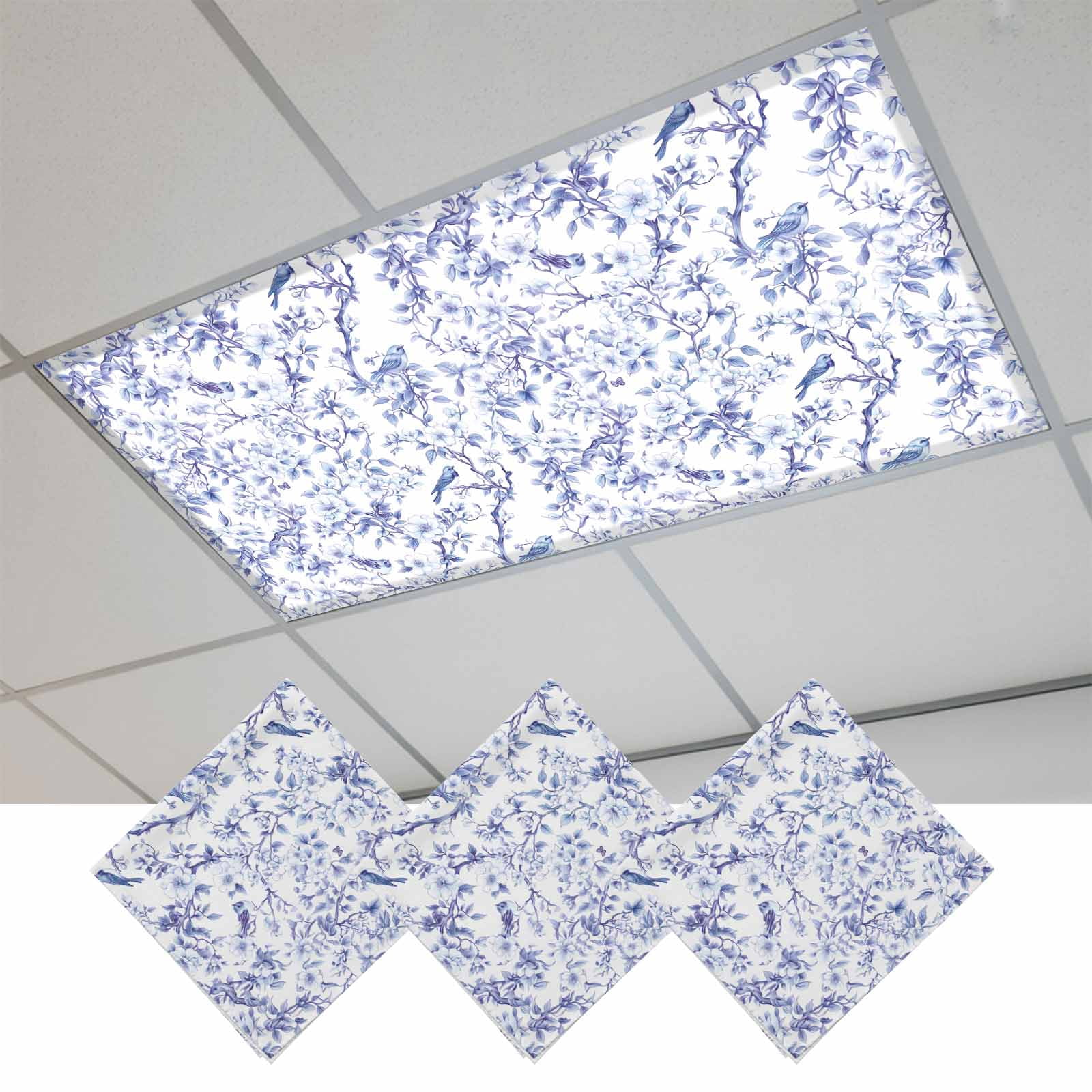 Blue Botanical Magnetic Fluorescent Light Covers for Ceiling Lights ...