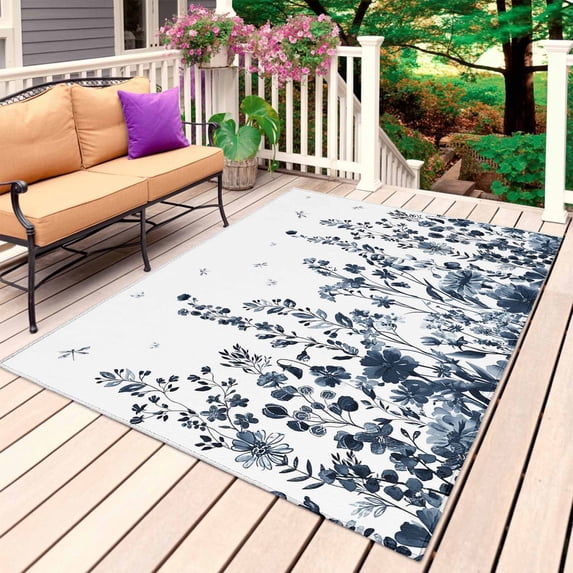 Blue Botanical Outdoor Rug for Patio/Deck/Porch, Non-Slip Large Area Rug 5 x 8 Ft, Dragonfly Flower Leaf Retro Ink Style Indoor Outdoor Rugs Washable Area Rugs, Reversible Camping Rug Carpet Runner