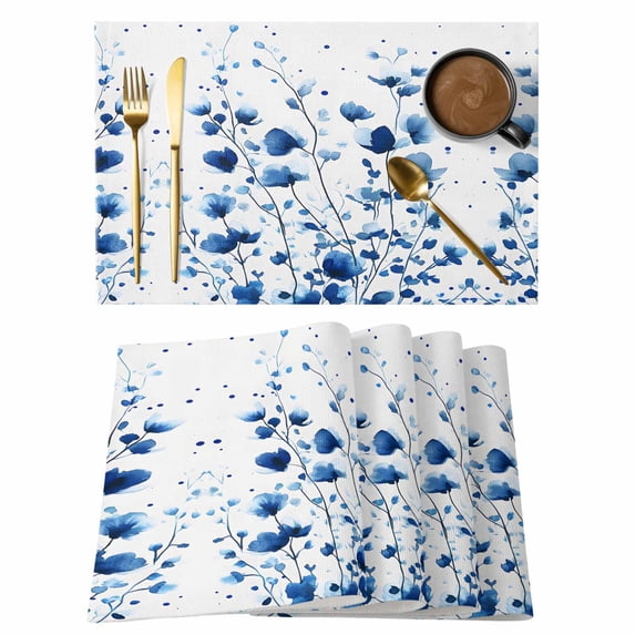 Blue Botanical Placemats Set of 6 Watercolor Garden Florals Leaf Place Mats Indoor Wipeable Table Mats Washable Cloth Dining Table Placemats for Kitchen Holiday Party Home Decor 13x19 Inch