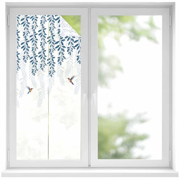 Blue Botanical Privacy Window Film, Decorative Frosted Glass Window Film, Pastoral Spring Floral Summer Birds Reusable Peel and Stick Static Cling for Home Bathroom Office Glass Door 17.7"x39.3"
