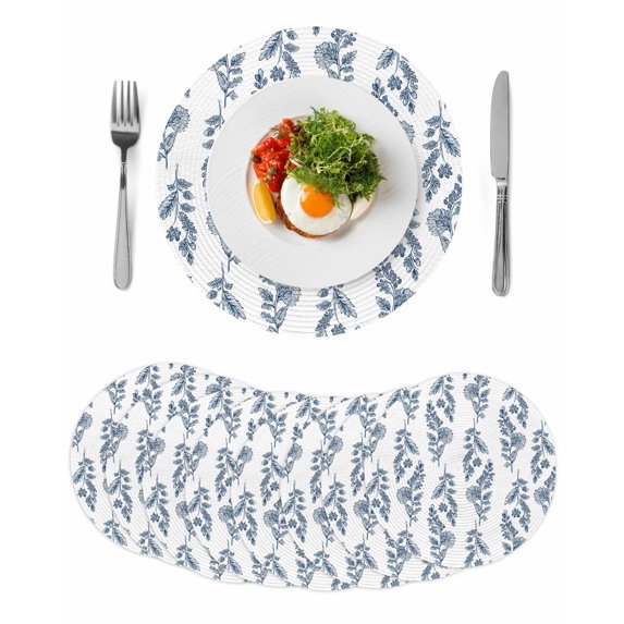 Blue Botanical Round 13 Inch Placemats Set of 8, Pastoral Elegant Spring Floral HeatResistant Non Slip Place Mats for Dining Table, Wipeable Braided Kitchen Table Mats for Housewarming