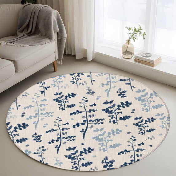 Blue Botanical Round Area Rug 4Ft Washable Circle Rugs for Bedroom Dining Room, Rustic Country Spring Floral Summer Leaf Non-Slip Carpet Floor Mats Indoor Outdoor Carpet Runner Aesthetic Home Decor