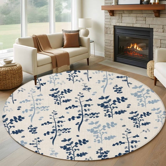 Blue Botanical Round Area Rug 8Ft Washable Large Circle Rugs for Living Room Dorm, Rustic Country Spring Floral Summer Leaf Non-Slip Carpet Floor Mats Indoor Outdoor Carpet Runner Home Decor