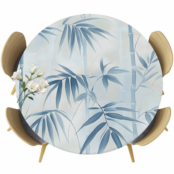 Blue Botanical Round Tablecloth 36-44 Inch Round Fitted Table Cloth with Elastic Edge, Pastoral Watercolor Leaf Spring Summer Waterproof Table Cover Protector for Outdoor Picnic Party Dining