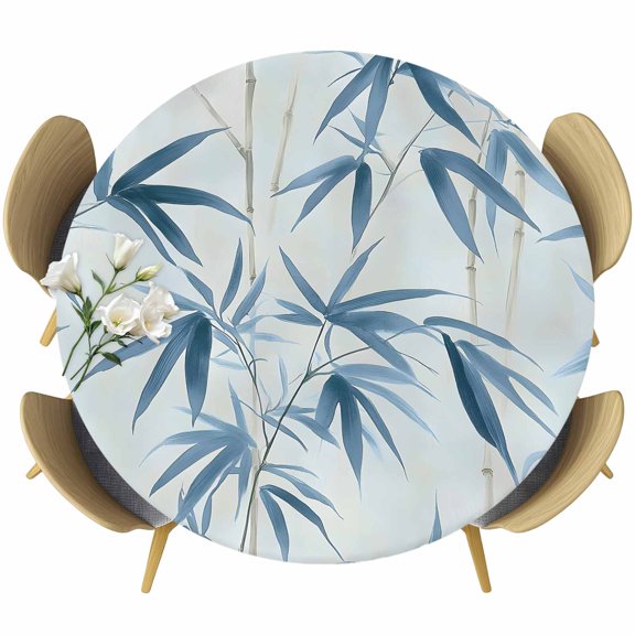 Blue Botanical Round Tablecloth 36-44 Inch Round Fitted Table Cloth with Elastic Edge, Spring Pastoral Summer Leaf Waterproof Table Cover Protector for Outdoor Picnic Party Dining