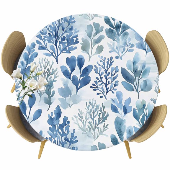 Blue Botanical Round Tablecloth 36-44 Inch Round Fitted Table Cloth with Elastic Edge, Spring Summer Watercolor Leaf Waterproof Table Cover Protector for Outdoor Picnic Party Dining