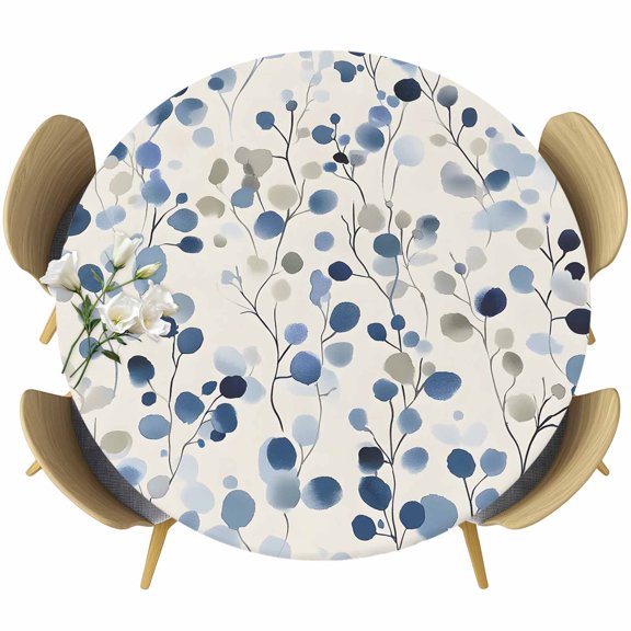 Blue Botanical Round Tablecloth 36-44 Inch Round Fitted Table Cloth with Elastic Edge, Summer Floral Leaves Farmhouse Waterproof Table Cover Protector for Outdoor Picnic Party Dining
