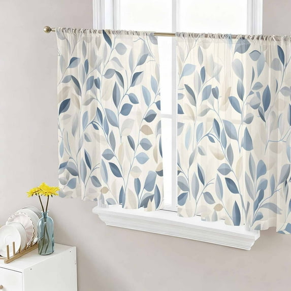 Blue Botanical Semi Sheer Curtains 45 Inch Length 2 Panels Set, Farmhouse Spring Summer Plant Sheer Kitchen Curtain Privacy Voile Window Curtain for Living Room Bedroom Rod Pocket Drapes