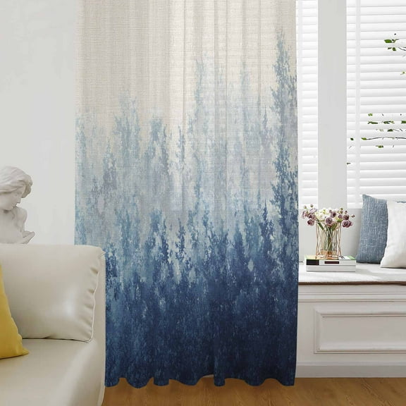 Blue Botanical Semi Sheer Curtains Drapes for Living Room, Bedroom, French Doors Window 45 Inches Long, Spring Summer Farmhouse Retro Beige Rod Pocket Chiffon Curtain Drapery Voile Draperies Panel