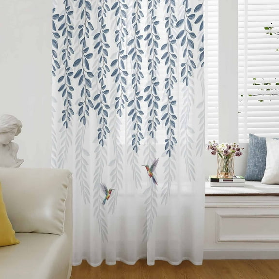 Blue Botanical Semi Sheer Curtains Drapes for Living Room, Bedroom, French Doors Window 84 Inches Long, Pastoral Spring Floral Summer Birds Rod Pocket Chiffon Curtain Drapery Voile Draperies Panel