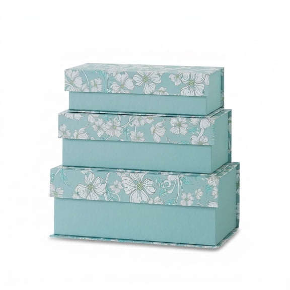 Blue Botanical Set Of 3 Small Rectangular Cardboard Storage Boxes With Flip Lids
