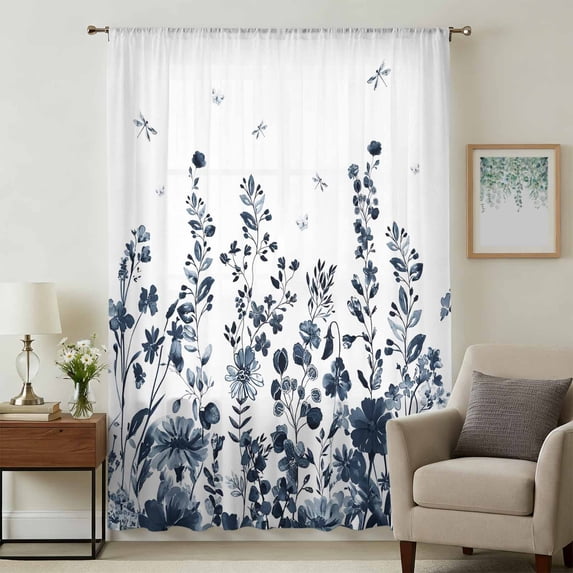 Blue Botanical Sheer Curtains 54 Inches Long, Dragonfly Flower Leaf Retro Ink Style Light Filering Curtains, Breathable Simi Curtain Privacy Drapes for Kitchen Bathroom Small Window Treatment