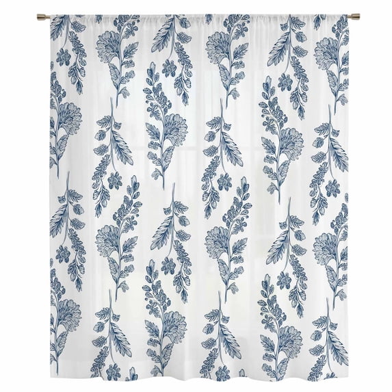 Blue Botanical Sheer Curtains 54 Inches Long, Pastoral Elegant Spring Floral Light Filering Curtains, Breathable Simi Curtain Privacy Drapes for Kitchen Bathroom Lightweight Small Window Treatment