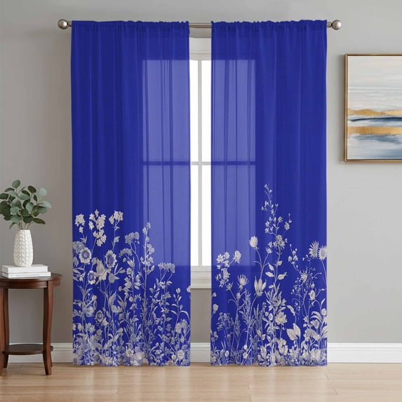 Blue Botanical Sheer Curtains 72 Inch Length 2 Panels Set, Farmhouse Spring Summer Flower Voile Window Treatment Rod Pocket Curtains Sheers Drapes for Bedroom/Living Room/Kitchen 52"x72"x2
