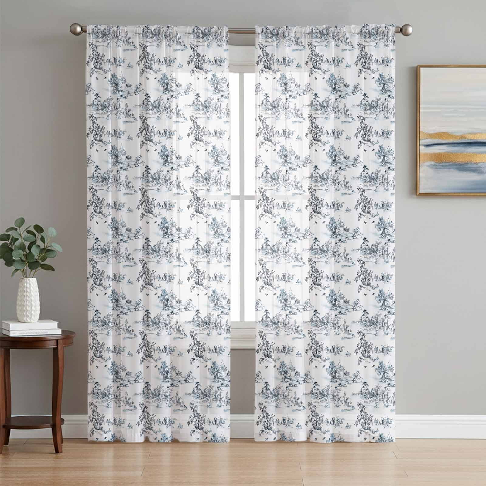 Blue Botanical Sheer Curtains 72 Inch Length 2 Panels Set, Farmhouse ...