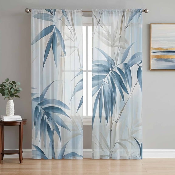 Blue Botanical Sheer Curtains 72 Inch Length 2 Panels Set, Watercolor Leaves Modernism Art Voile Window Treatment Rod Pocket Curtains Sheers Drapes for Bedroom/Living Room/Kitchen 52"x72"x2