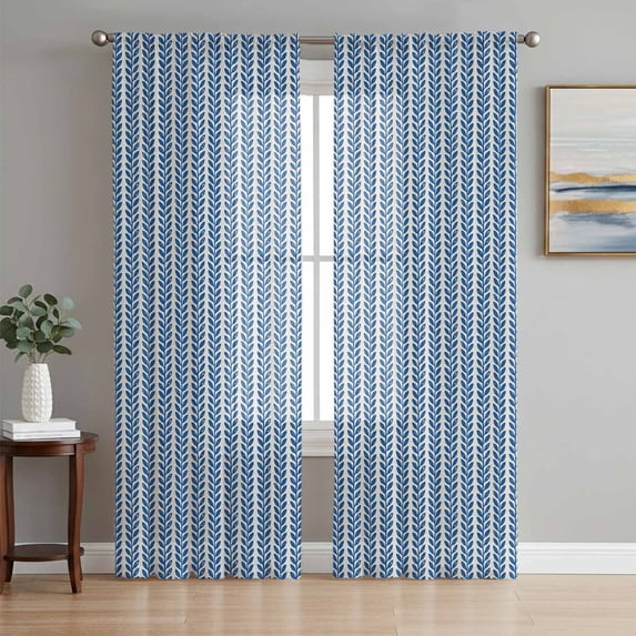 Blue Botanical Sheer Curtains 72 Inches Long, Farmhouse Modern Striped Leaf Light Filtering Window Curtains for Living Room/Bedroom, Rod Pocket Voile Sheer Curtain Drapes, 52"W x 72"L, 2 Panels