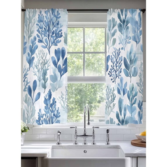 Blue Botanical Sheer Curtains for Living Room Bedroom Spring Summer Watercolor Leaf Sheer Curtains 63 Inch Long 2 Panels Set Light Filtering Curtain Window Treatments Drapes for Dining Room